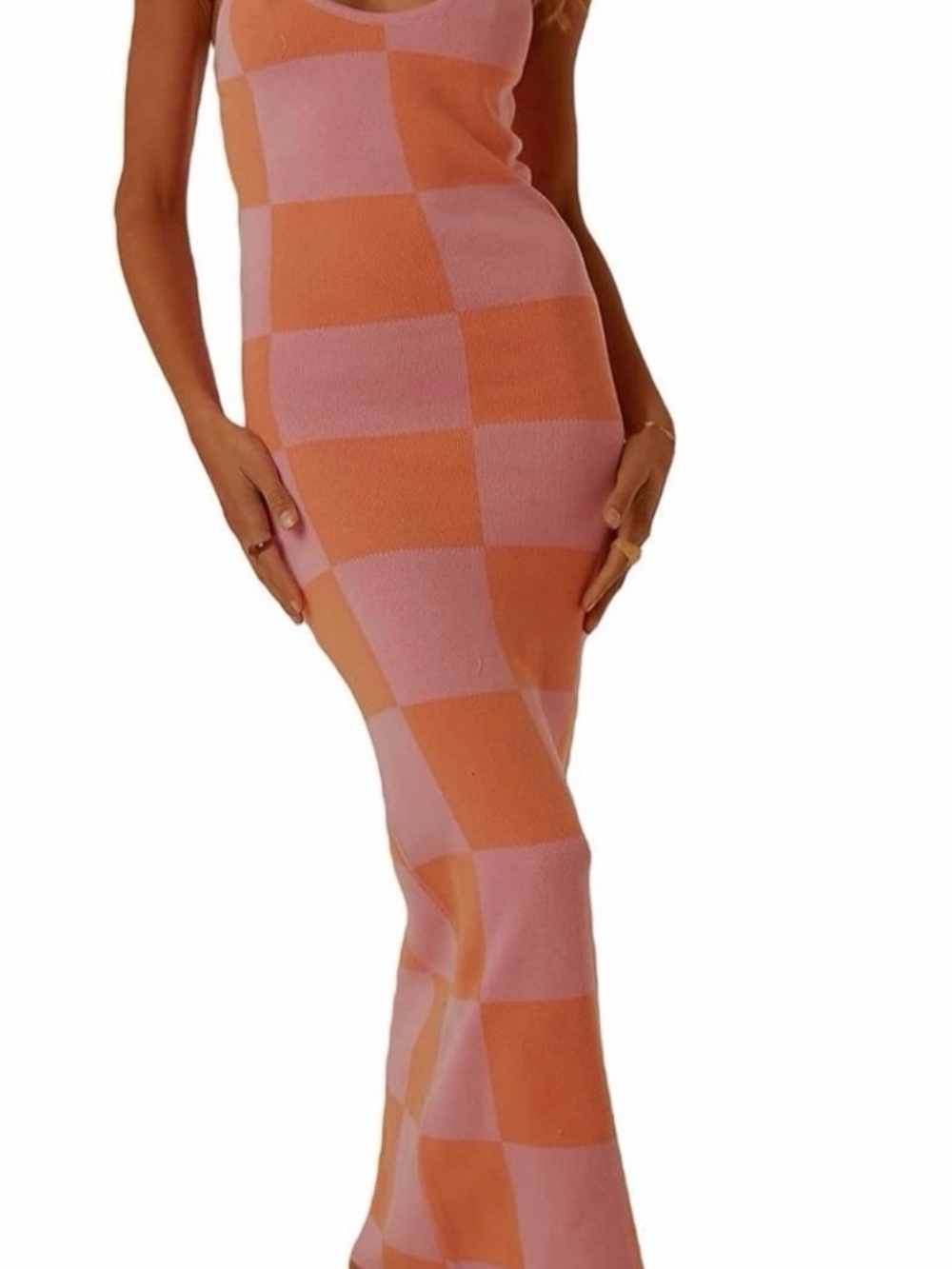 Orange and pink Checkered Maxi Dress - Women's Slip Style knit
